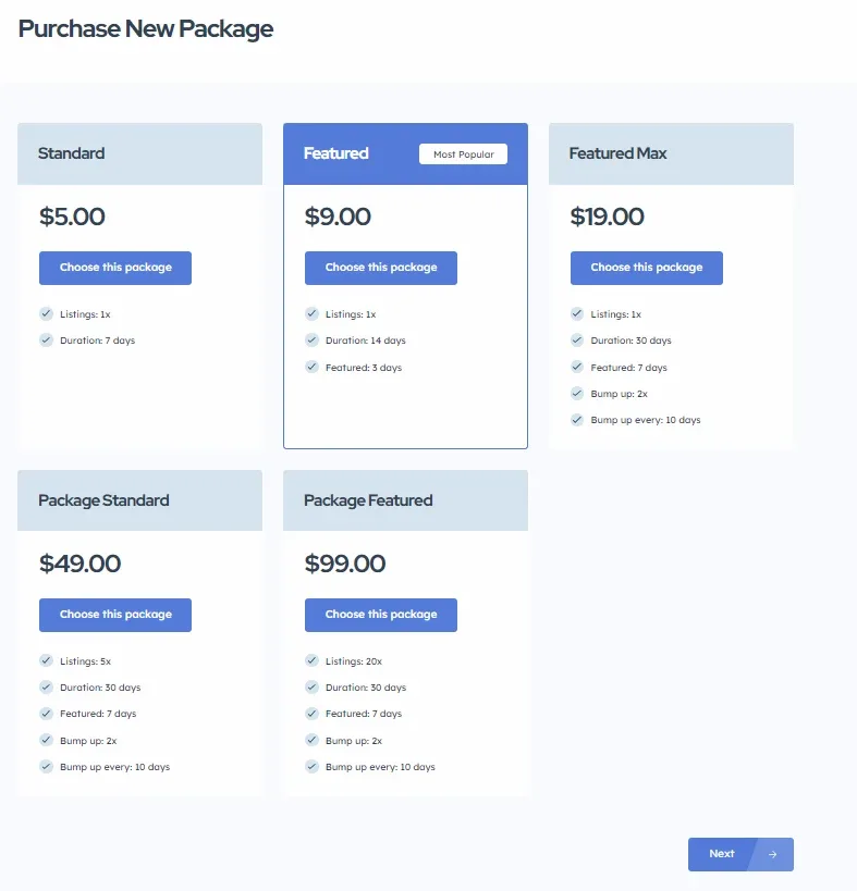 Front-end "Purchase New Package" pricing table: Standard $5.00, Featured $9.00 marked Most Popular, Featured Max $19.00, Package Standard $49.00 and Package Featured $99.00, each listing listings, duration and bump ups.