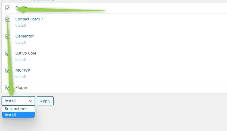 The bundled plugin installer with Contact Form 7, Elementor, Listivo Core and MC4WP all ticked, and the bulk actions menu open on Install next to the Apply button.