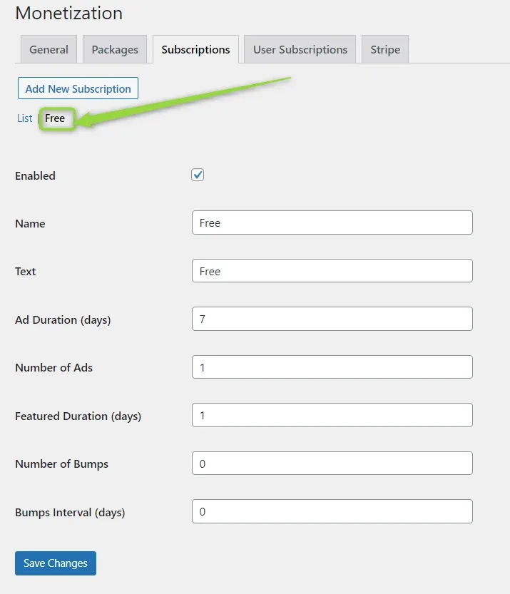 Subscriptions tab with the Free sub-tab open: Enabled ticked, Name and Text both "Free", Ad Duration 7 days, Number of Ads 1, Featured Duration 1 day, Number of Bumps 0 and Bumps Interval 0.