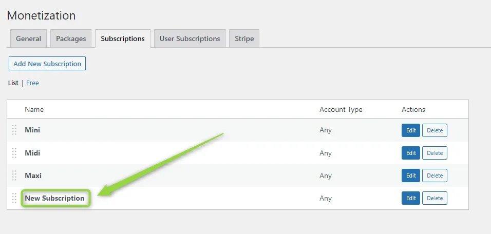 Subscriptions list showing Mini, Midi, Maxi and the newly added "New Subscription" row highlighted at the bottom.