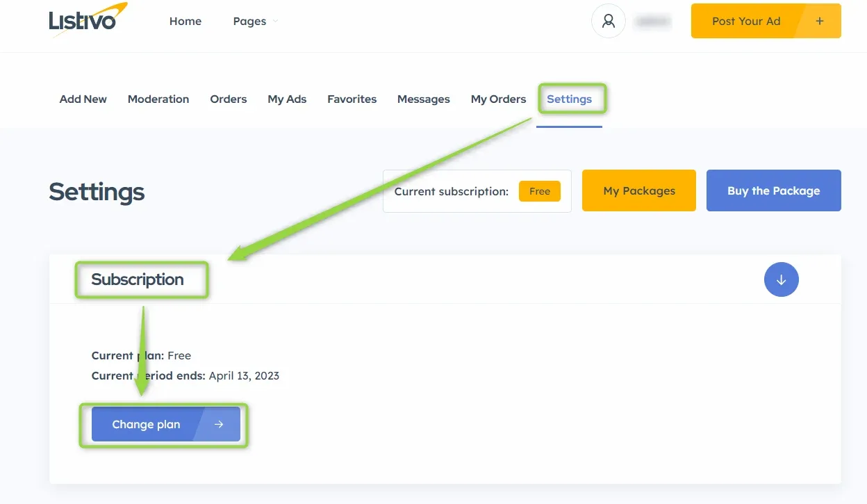 Front-end user Settings page with a Subscription box showing "Current plan: Free", "Current period ends: April 13, 2023" and a Change plan button; the Settings tab and "Current subscription: Free" label are highlighted.