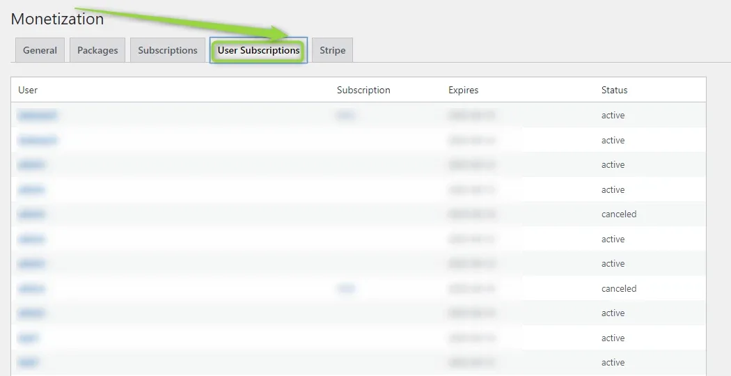 Monetization > User Subscriptions tab listing users with their subscription, expiry date and a Status column showing active or canceled; the user names and dates are blurred out.
