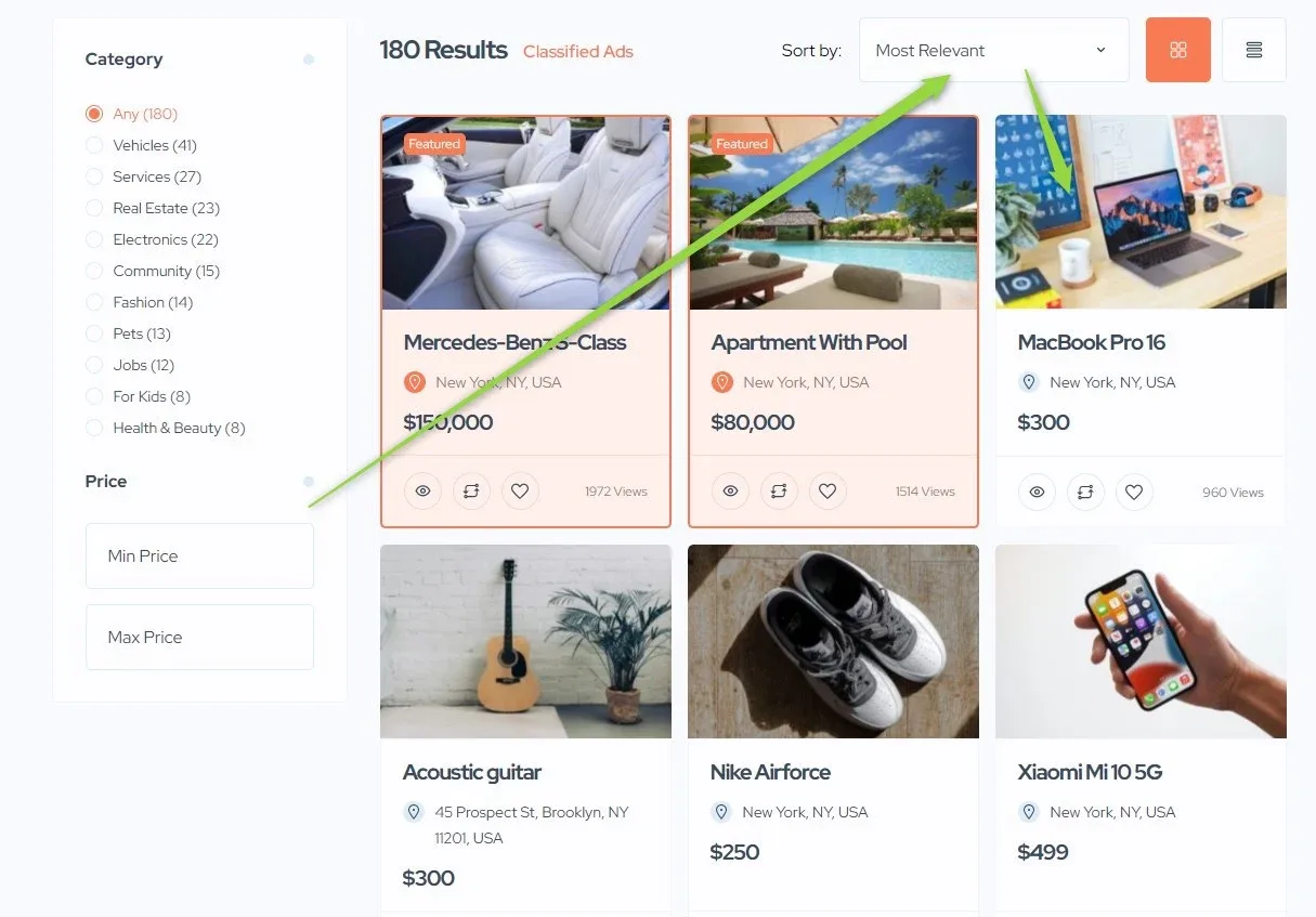Listivo search results, 180 results, Sort by "Most Relevant": two featured ads (Mercedes-Benz S-Class and Apartment With Pool) come first and a green arrow points at the MacBook Pro 16 ad at $300 heading the regular ads.