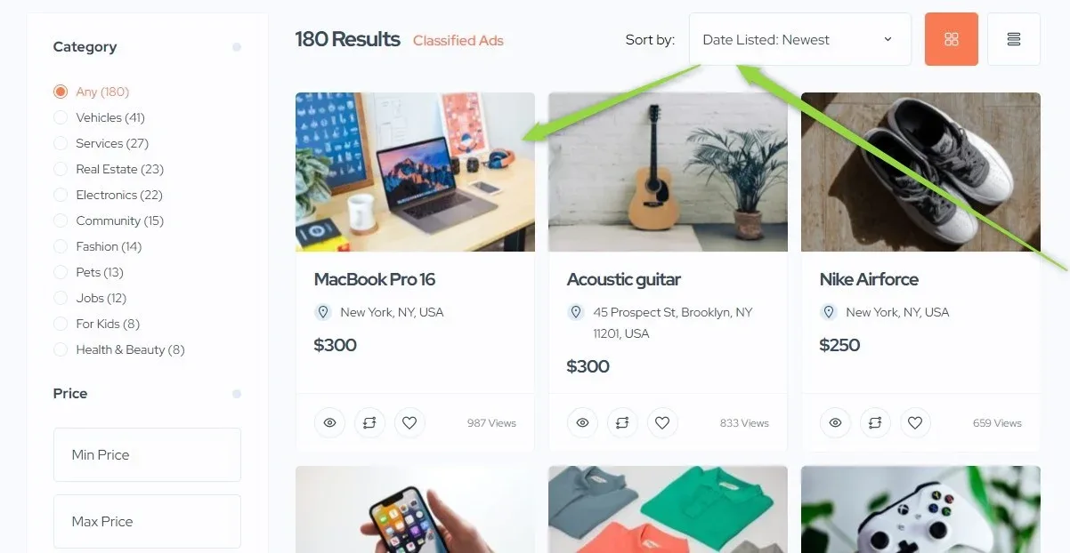 The same search results with Sort by set to "Date Listed: Newest", where a green arrow points at the MacBook Pro 16 ad at $300 in the first position.