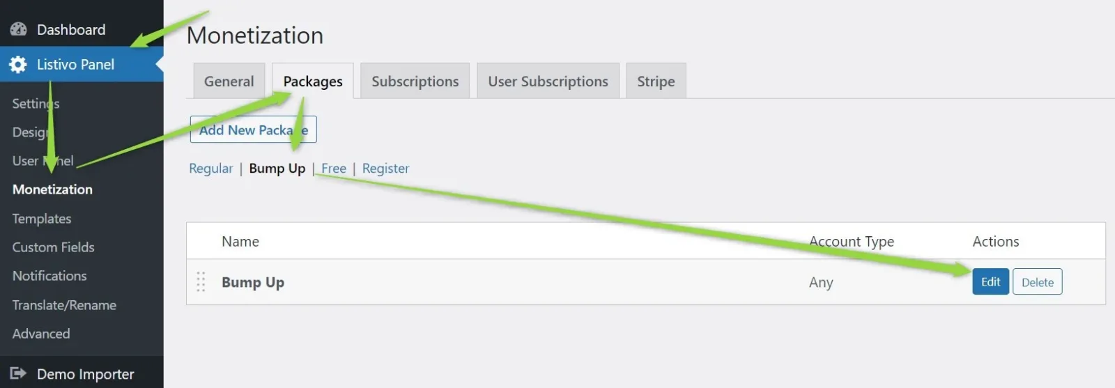Monetization > Packages with the Bump Up sub-tab selected, showing a single package named Bump Up with Account Type Any and a green arrow pointing at its Edit button.