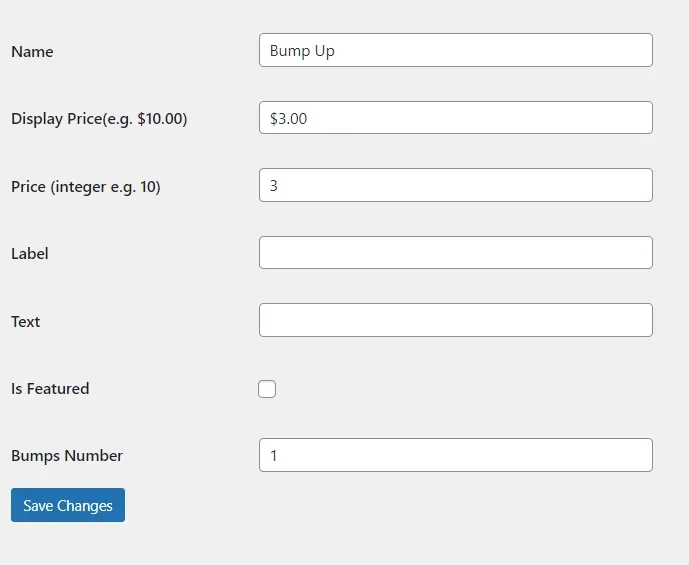 "Edit Package" form for Bump Up: Display Price $3.00, Price 3, empty Label and Text, Is Featured unticked and Bumps Number 1, above Save Changes.