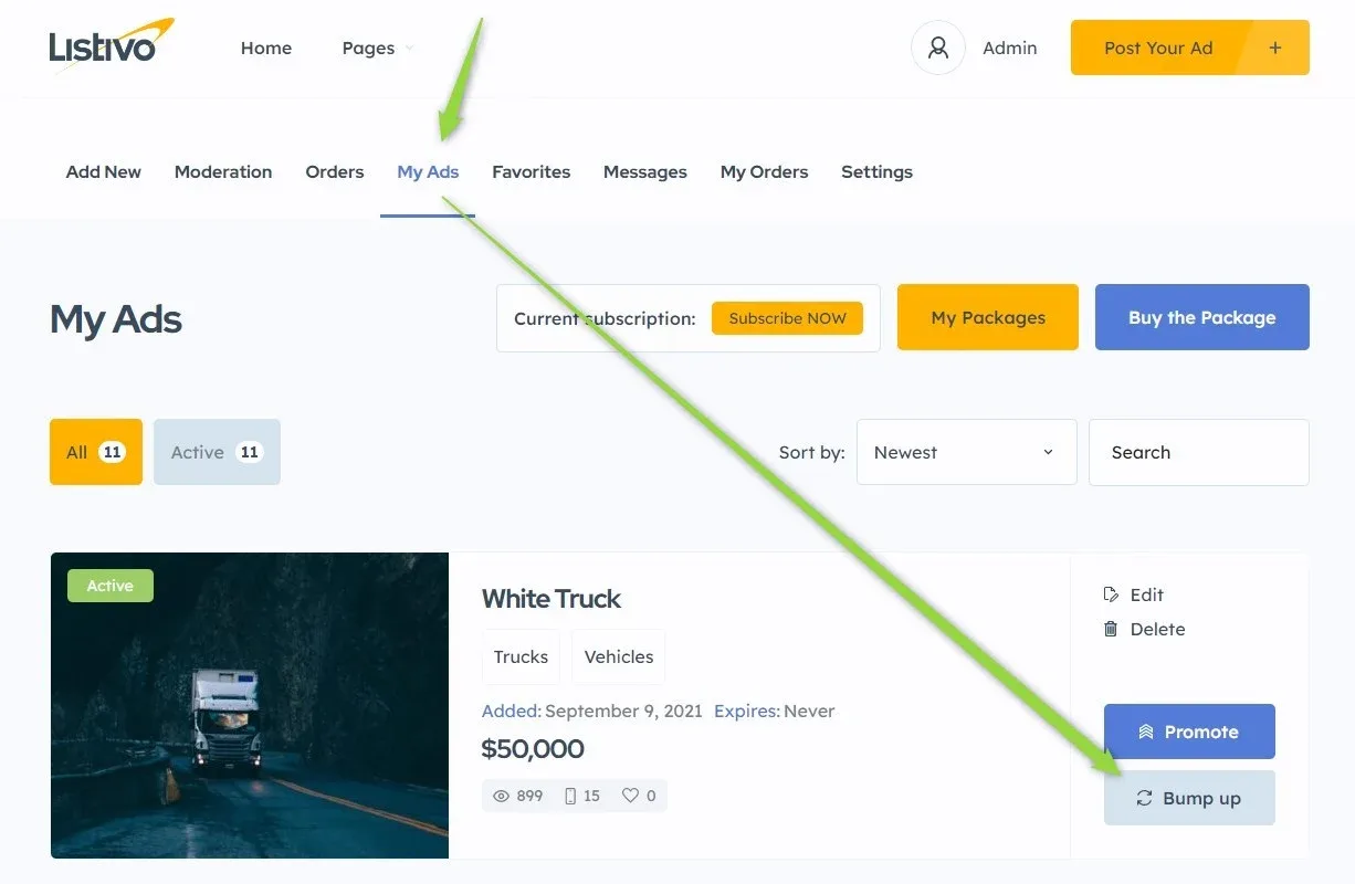 Front-end user panel My Ads page with the White Truck ad at $50,000, where a green arrow points at the "Bump up" button under the blue Promote button.