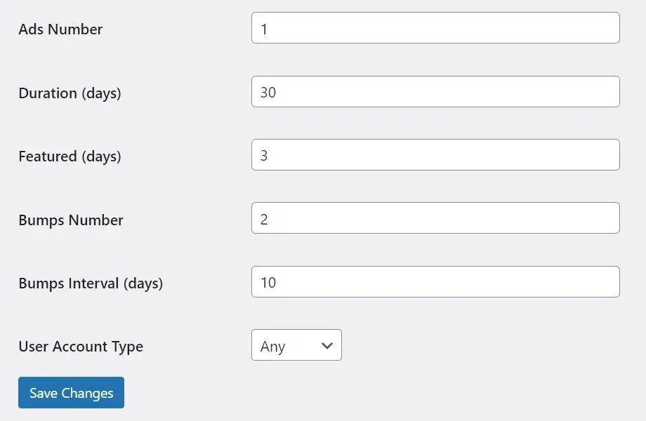 Package settings showing Ads Number 1, Duration (days) 30, Featured (days) 3, Bumps Number 2, Bumps Interval (days) 10 and User Account Type Any, above the Save Changes button.