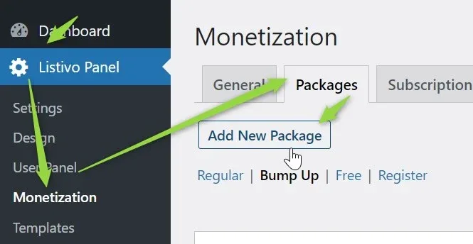 Monetization > Packages with green arrows pointing at the Packages tab and the "Add New Package" button; the Bump Up sub-tab is selected.