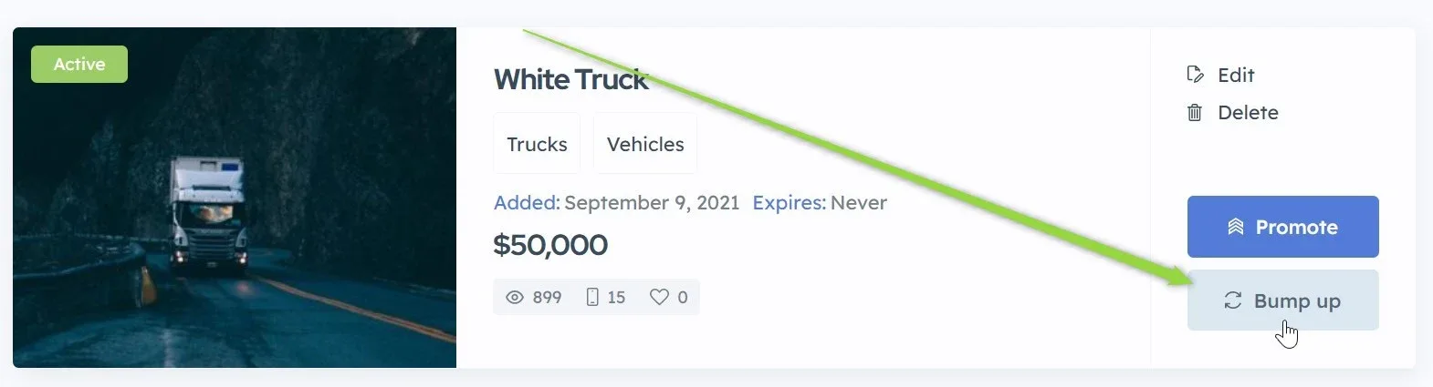 The White Truck ad card in My Ads, with a green arrow pointing at its "Bump up" button next to Promote.