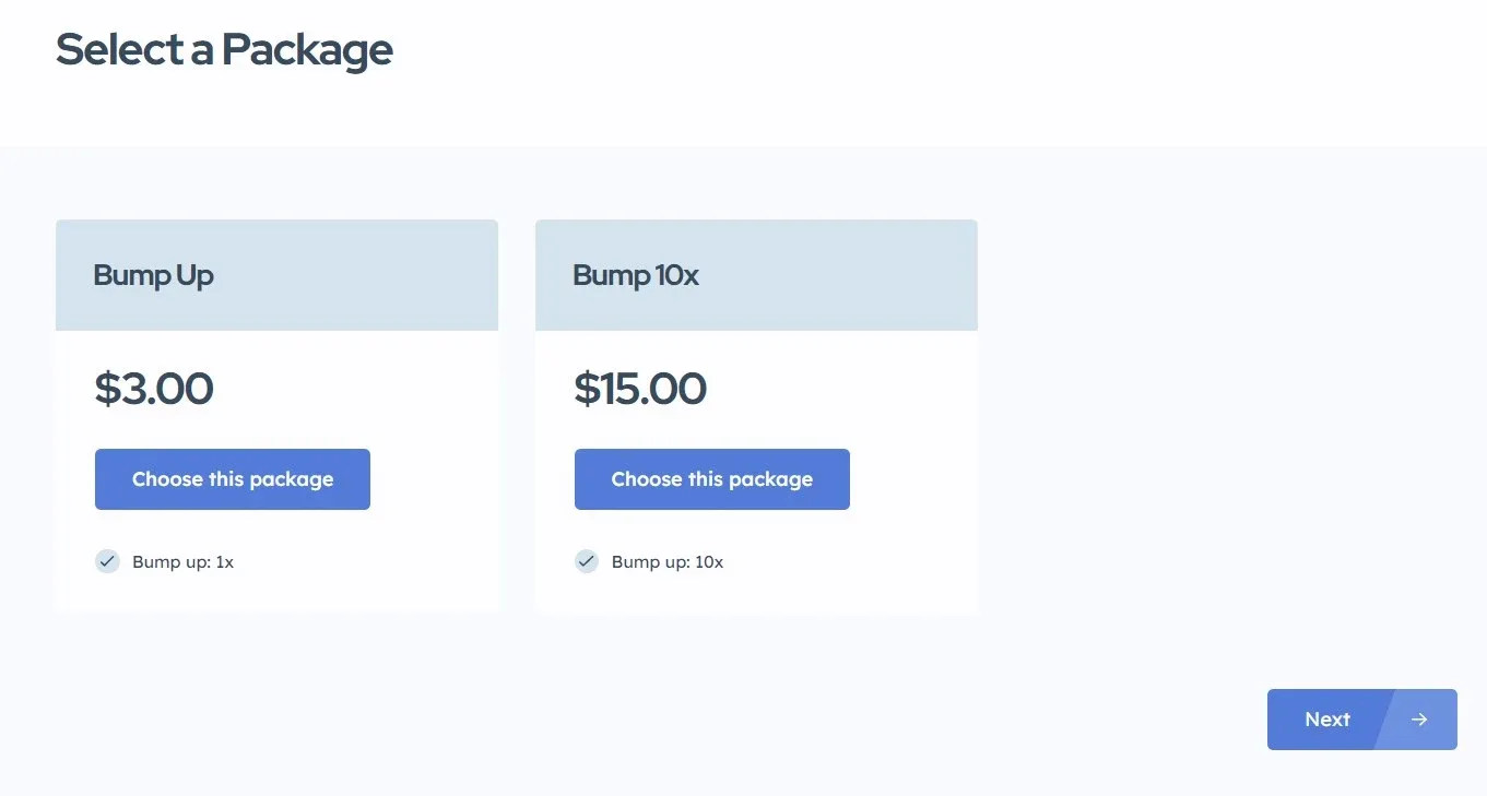 Front-end "Select a Package" screen with two cards: Bump Up at $3.00 listing "Bump up: 1x" and Bump 10x at $15.00 listing "Bump up: 10x", each with a "Choose this package" button.