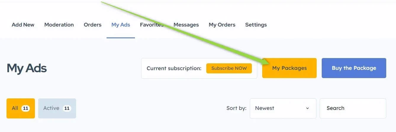 My Ads header with "Current subscription: Subscribe NOW" and a green arrow pointing at the yellow "My Packages" button next to "Buy the Package".