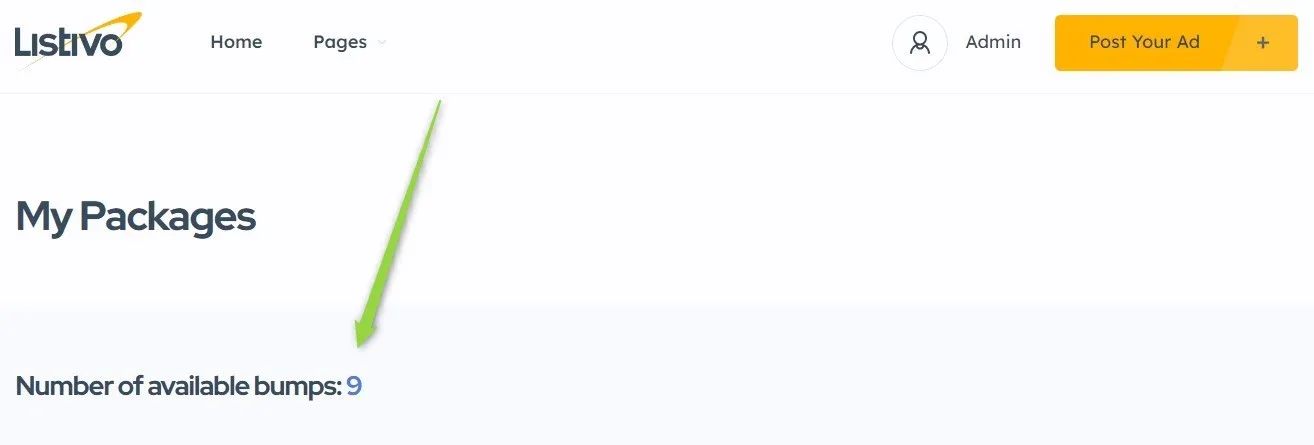 The front-end "My Packages" page with a green arrow pointing at the line "Number of available bumps: 9".