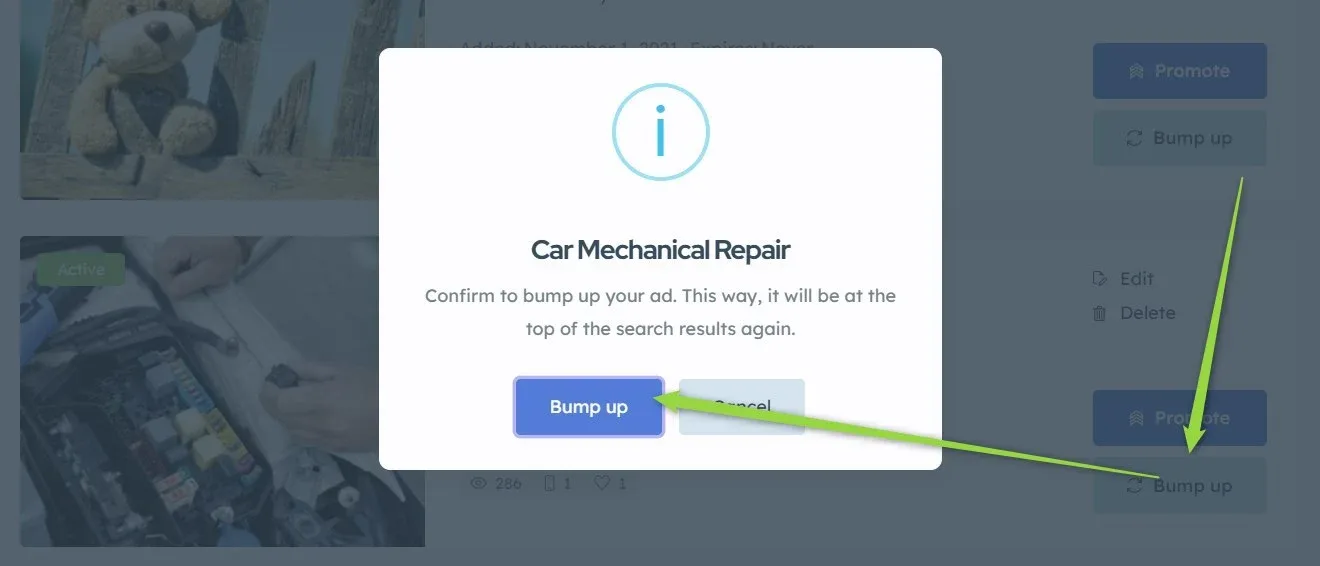 My Ads with a confirmation popup for the "Car Mechanical Repair" ad reading "Confirm to bump up your ad. This way, it will be at the top of the search results again.", with Bump up and Cancel buttons.