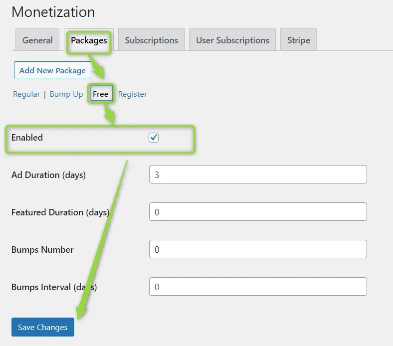 Monetization > Packages, Free sub-tab: Enabled ticked, Ad Duration (days) 3, and Featured Duration (days), Bumps Number and Bumps Interval (days) all 0, above a Save Changes button.