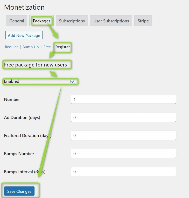 Monetization > Packages, Register sub-tab headed "Free package for new users": Enabled ticked, Number 1, and Ad Duration, Featured Duration, Bumps Number and Bumps Interval all 0.