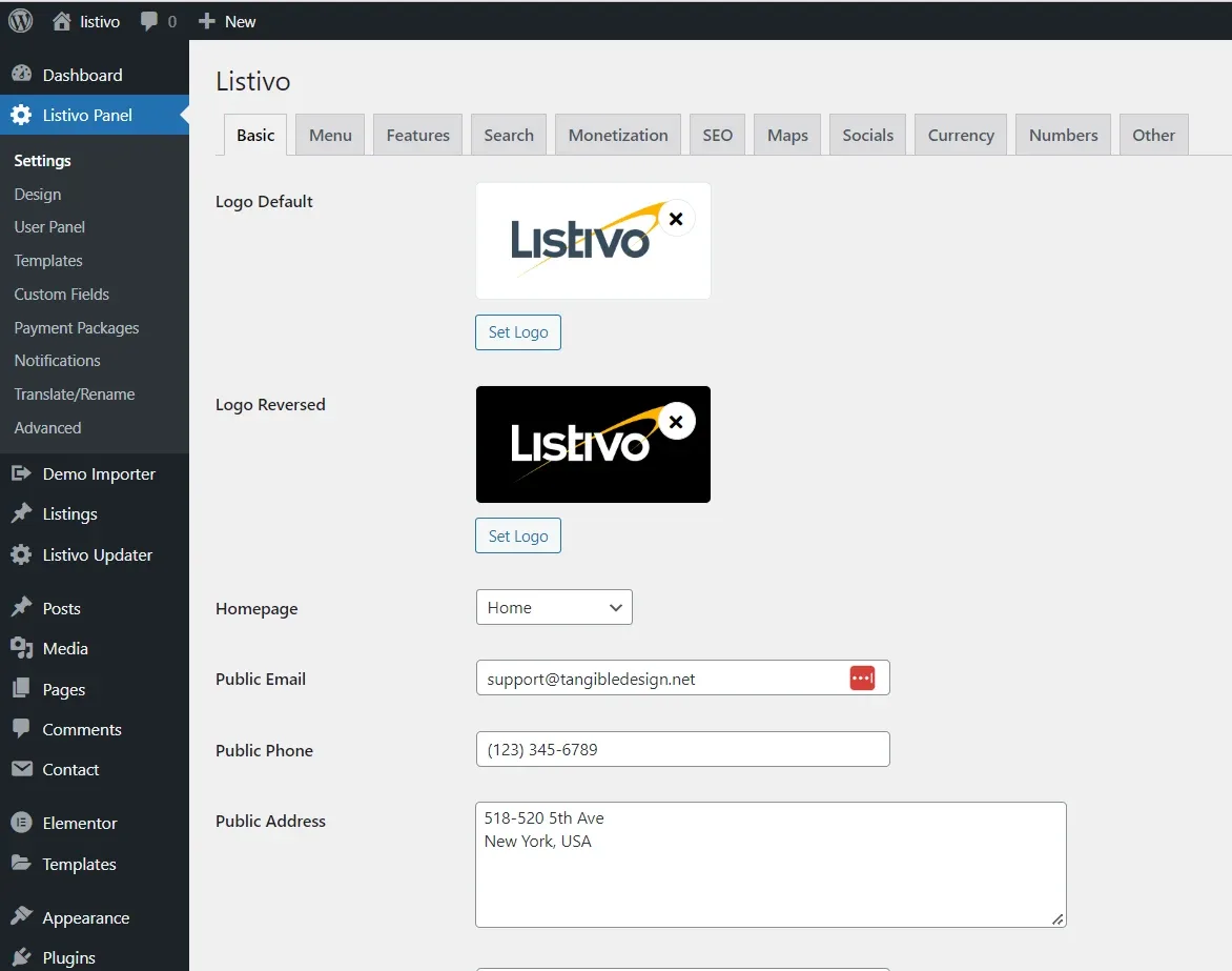 The Listivo Panel on the Basic tab: Logo Default and Logo Reversed uploads with Set Logo buttons, a Homepage selector, and Public Email, Public Phone and Public Address fields.