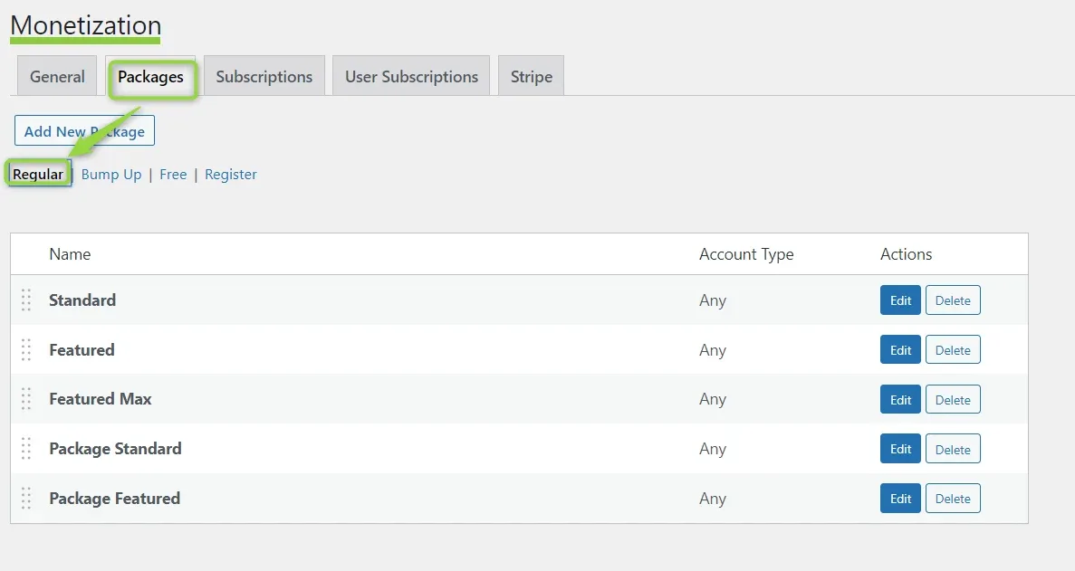 Monetization > Packages on the Regular sub-tab, listing Standard, Featured, Featured Max, Package Standard and Package Featured with Edit and Delete buttons; green outlines mark the Packages tab, Add New Package and the Regular filter.