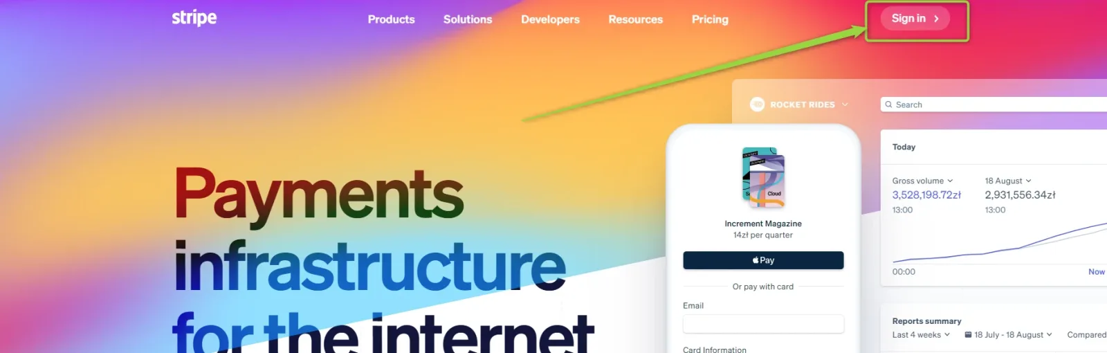 The stripe.com home page headed "Payments infrastructure for the internet", with a green arrow pointing at the "Sign in" button in the top-right corner.