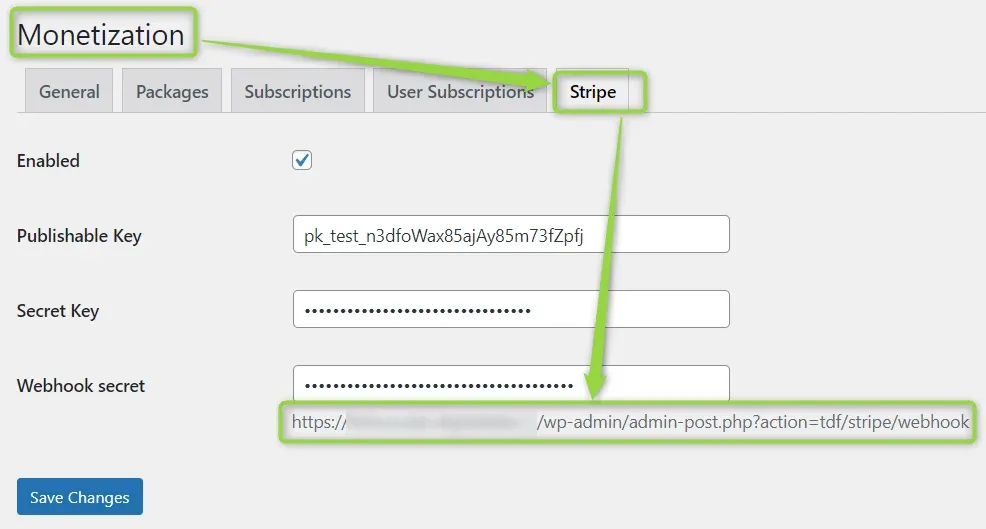 Listivo Panel > Monetization > Stripe with the Publishable Key filled in as pk_test_… and a green arrow pointing at the webhook endpoint URL printed under the Webhook secret field.