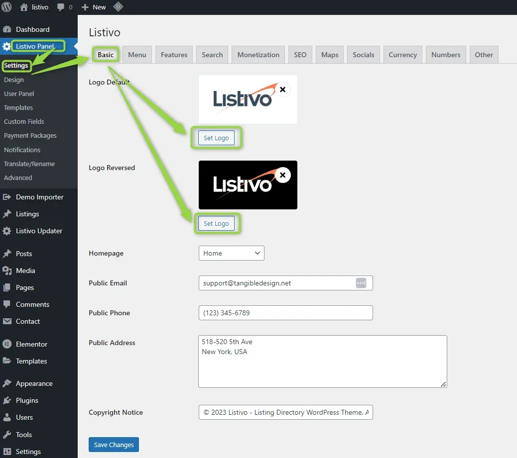 The Listivo Panel Basic tab with arrows from Settings in the sidebar to the two Set Logo buttons under Logo Default and Logo Reversed, above the Homepage, Public Email, Public Phone, Public Address and Copyright Notice fields.