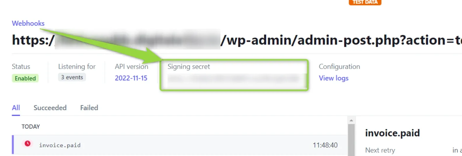 Stripe webhook page for the wp-admin/admin-post.php endpoint, API version 2022-11-15, with the Signing secret box highlighted and an invoice.paid event listed under Today.