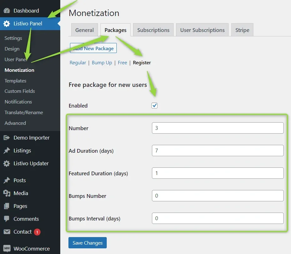 Monetization > Packages, Register sub-tab "Free package for new users": Enabled ticked, Number 3, Ad Duration (days) 7, Featured Duration (days) 1, Bumps Number 0 and Bumps Interval 0.