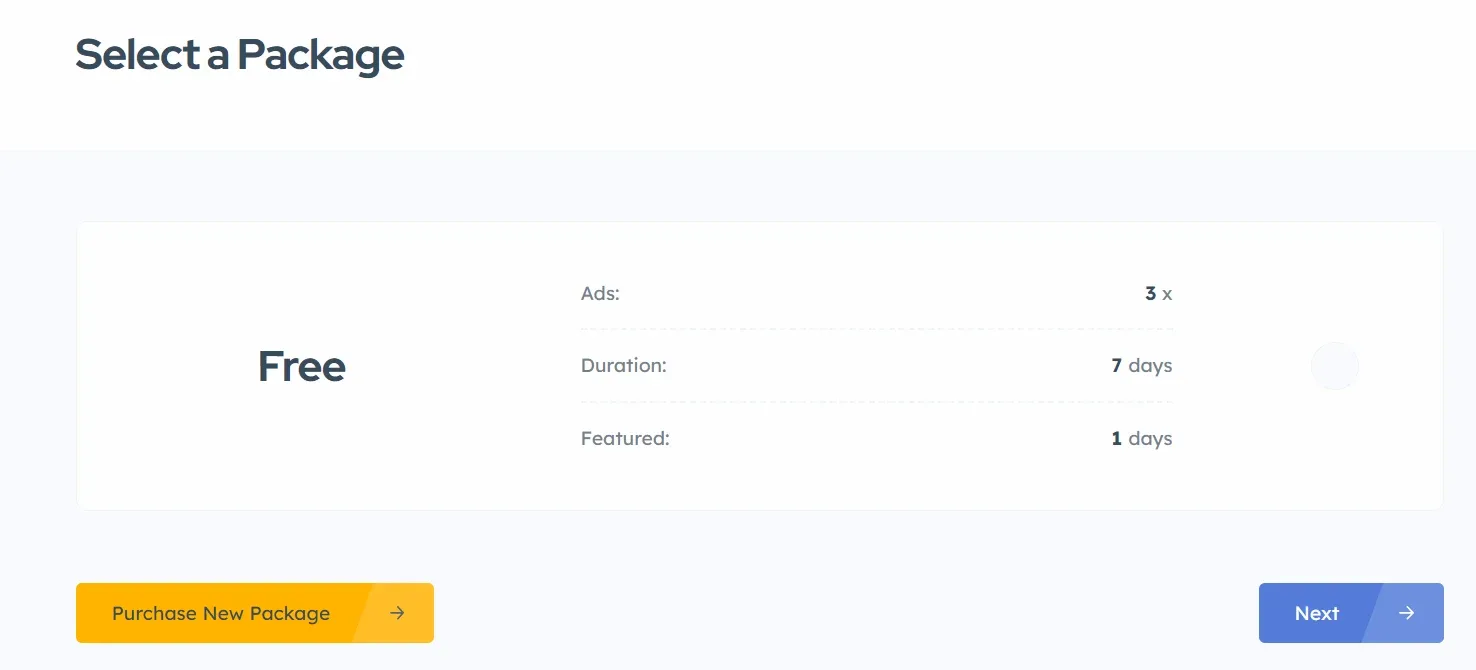 Front-end "Select a Package" screen showing only the Free package — Ads: 3x, Duration: 7 days, Featured: 1 days — with a "Purchase New Package" button and a Next button.