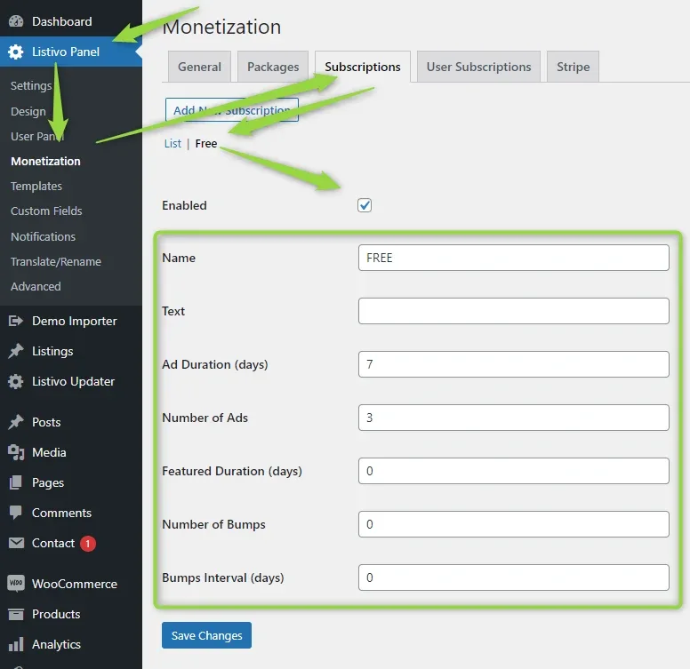 Monetization > Subscriptions, Free sub-tab: Enabled ticked, Name FREE, empty Text, Ad Duration (days) 7, Number of Ads 3, Featured Duration 0, Number of Bumps 0 and Bumps Interval 0.