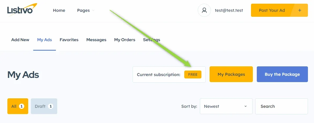 Front-end My Ads page with a green arrow pointing at the yellow "FREE" badge next to "Current subscription", beside the My Packages and Buy the Package buttons.