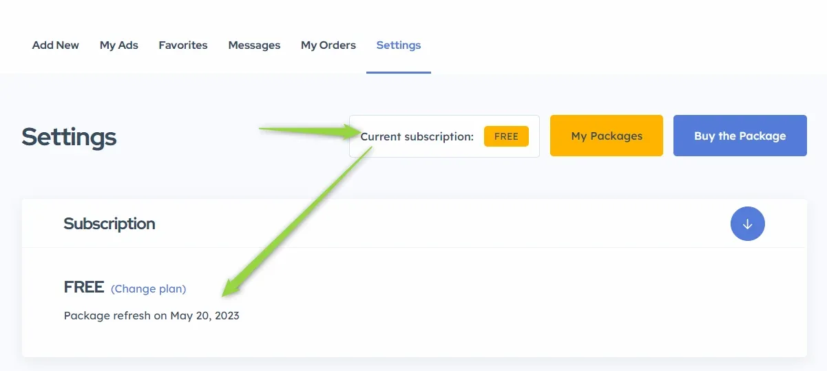 Front-end Settings page with arrows on "Current subscription: FREE" and on the Subscription box, which shows FREE with a (change plan) link and the line "Package refresh on May 20, 2023".