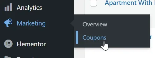 WordPress admin sidebar with the Marketing menu open and the cursor on its Coupons item, below Overview.