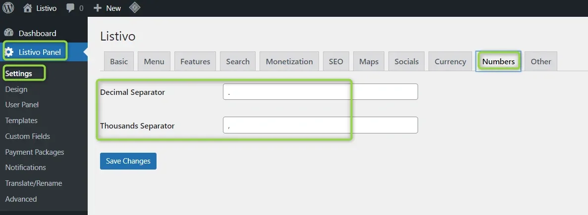 The Numbers tab of the Listivo settings with the Decimal Separator and Thousands Separator fields framed, above the Save Changes button.