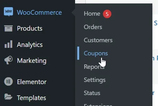 WordPress admin sidebar with the WooCommerce menu open, showing Home, Orders and Customers, with the cursor on the Coupons item.