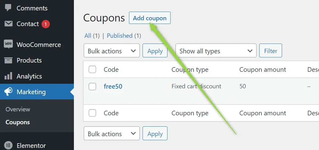 WooCommerce Coupons list under the Marketing menu with a green arrow pointing at the "Add coupon" button; one coupon, free50, is listed as a fixed cart discount of 50.