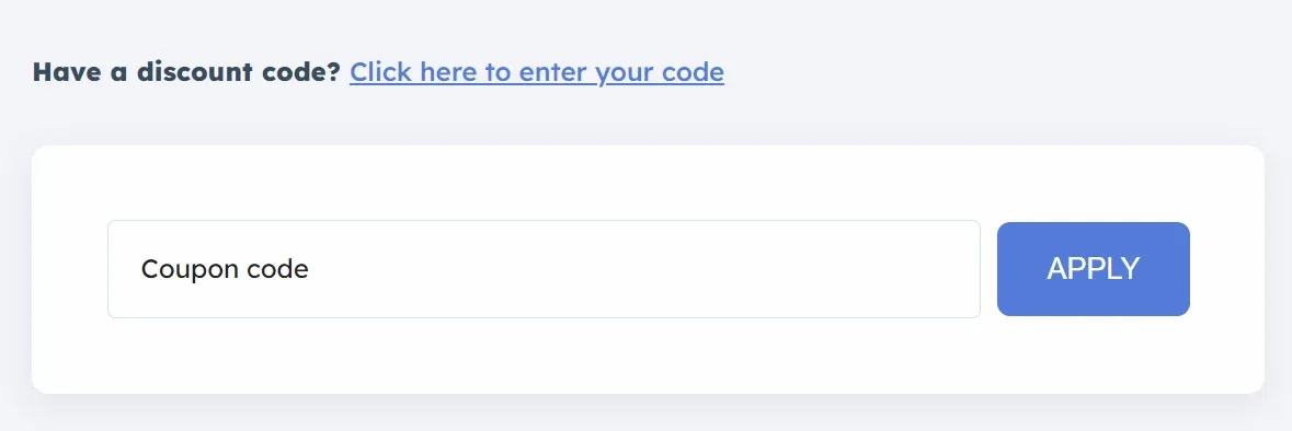 Checkout with the discount code panel open, showing an empty "Coupon code" field next to a blue APPLY button.