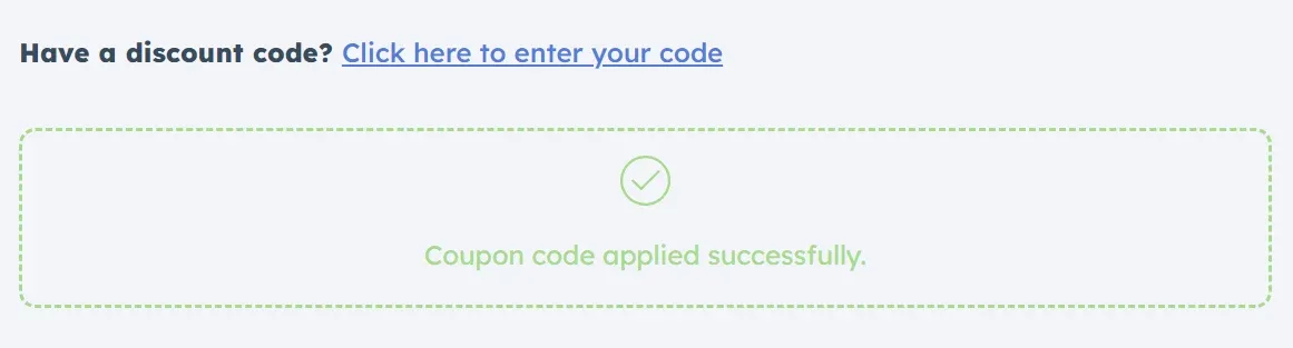 Checkout showing a green dashed box with a tick and the message "Coupon code applied successfully."
