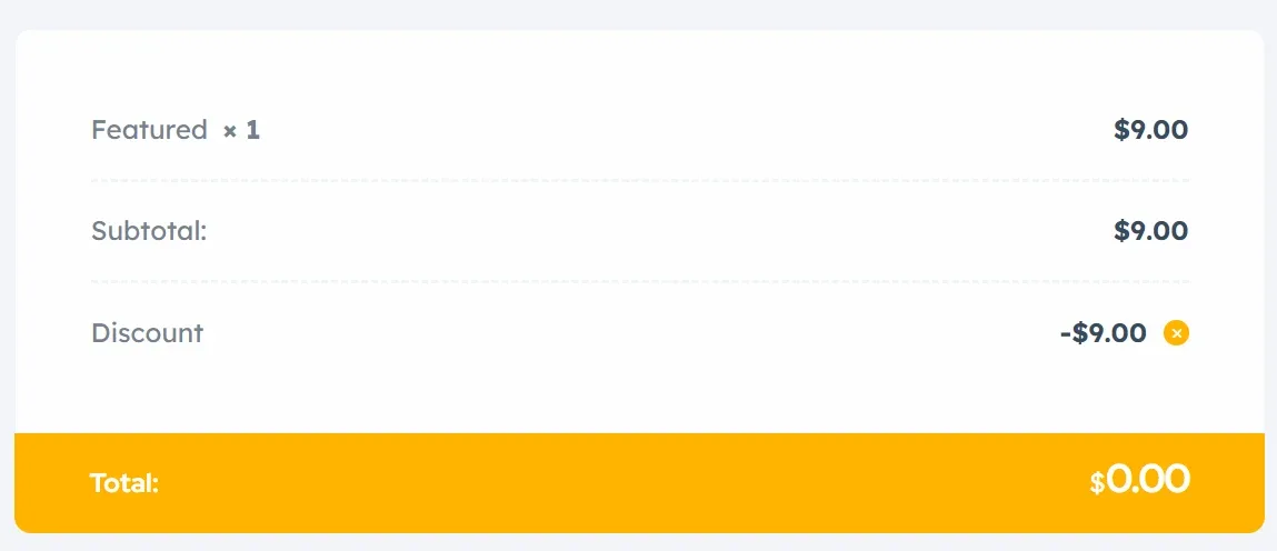 Order summary showing Featured × 1 at $9.00, Subtotal $9.00, Discount -$9.00 and a Total of $0.00 highlighted in yellow.