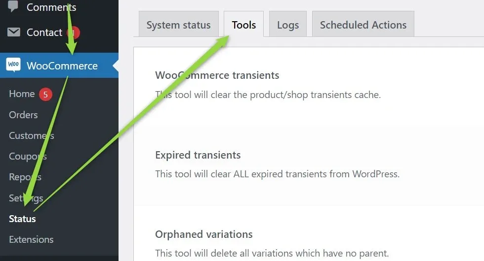 WordPress admin with green arrows on the WooCommerce > Status menu item and the Tools tab, which lists tools such as WooCommerce transients, Expired transients and Orphaned variations.