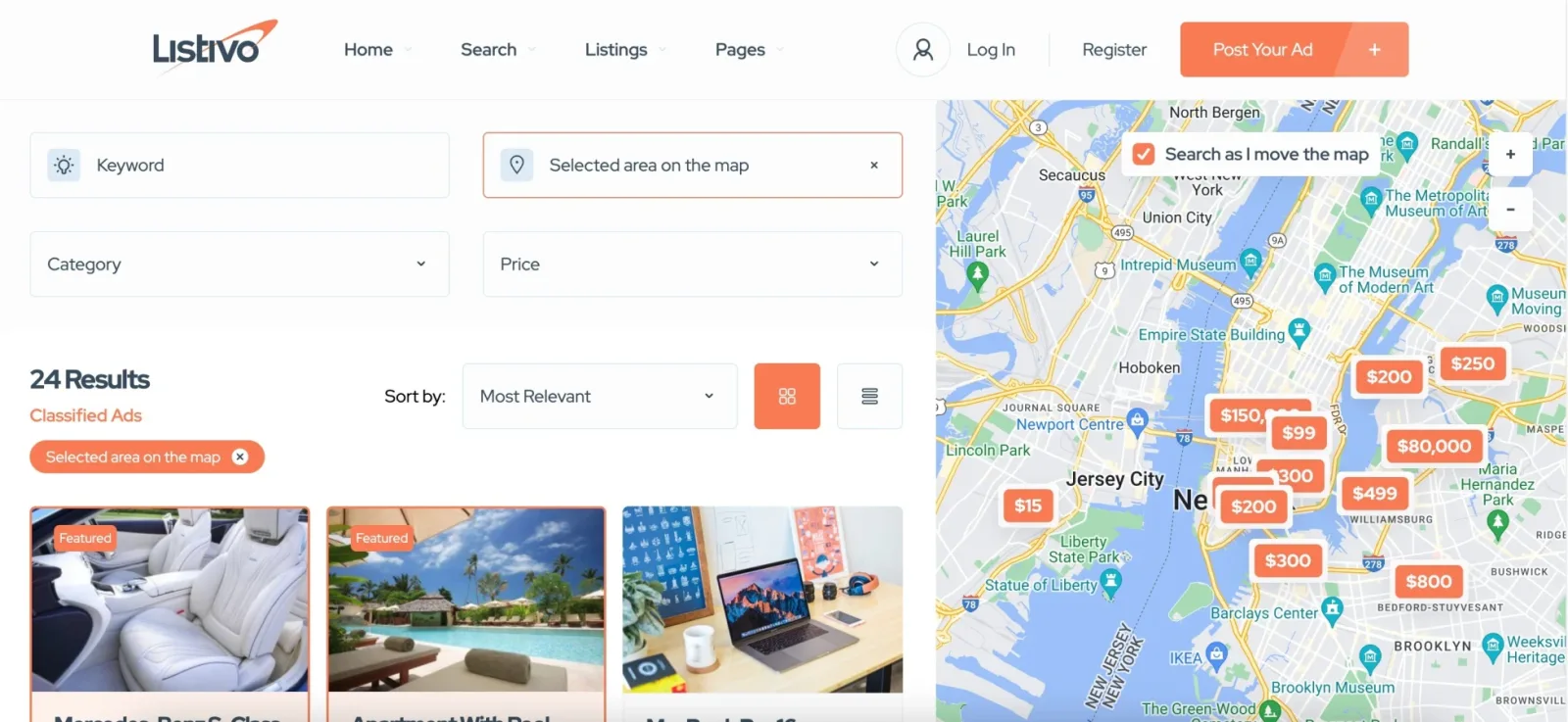 Listivo search results page: filters and ad cards on the left, a Google map on the right with price pins spread over Jersey City and Manhattan, and a "Search as I move the map" checkbox above it.
