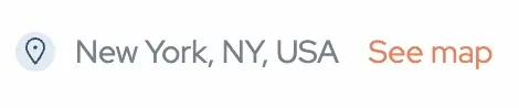 Single line from an ad page: a map-pin icon, the address "New York, NY, USA", and an orange "See map" link beside it.