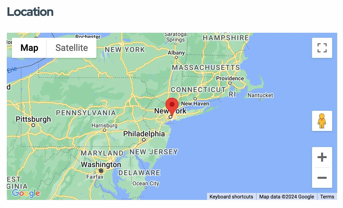"Location" section of an ad page with an embedded Google map of the north-eastern United States, a red pin on New York City, a Map/Satellite toggle and zoom controls.
