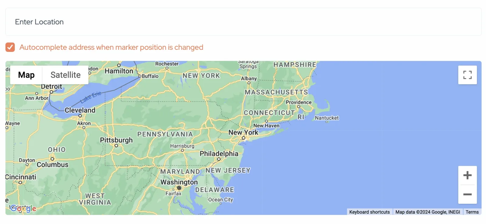 Front-end location step with an empty "Enter Location" box, a ticked "Autocomplete address when marker position is changed" option, and a Google map of the north-eastern United States below with no pin set.