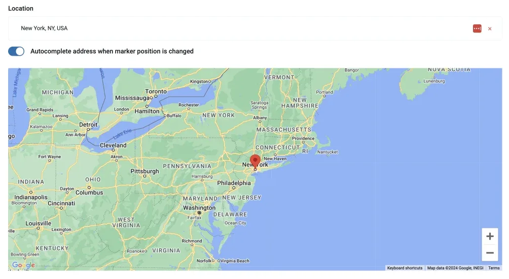 WordPress admin Location box filled in with "New York, NY, USA", the "Autocomplete address when marker position is changed" switch turned on, and a Google map with a red pin on New York.