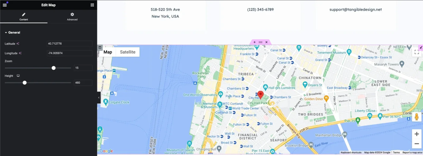 Elementor "Edit Map" panel on the left with latitude, longitude, zoom and height controls, beside a contact page showing an address, phone number and email above a Google map pinned in Lower Manhattan.