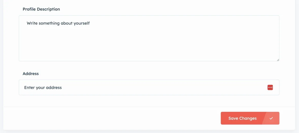 User profile settings with a Profile Description text area and an Address field showing the placeholder "Enter your address", above a red Save Changes button.