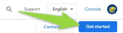 Google site header with a search icon, Support link, English language selector and Console link; a green arrow points at the blue "Get started" button next to a "Contact" button.