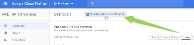 Google Cloud Platform APIs & Services dashboard header with a green arrow pointing at the "+ ENABLE APIS AND SERVICES" button above the "Enabled APIs and services" list.