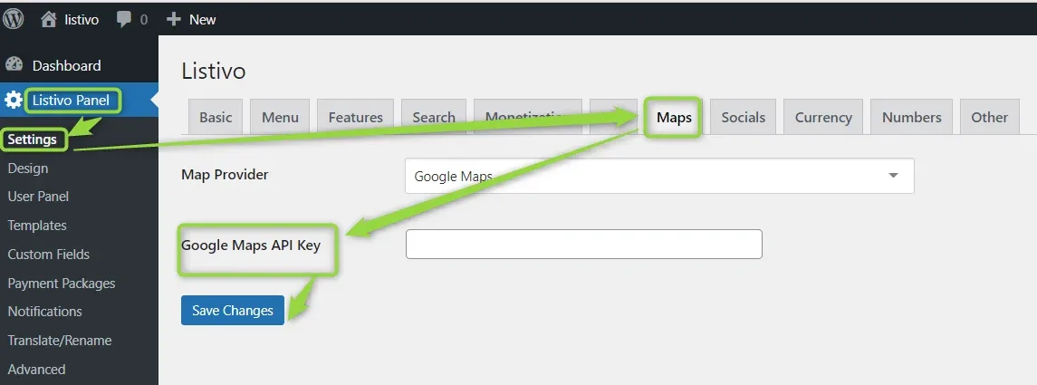 Listivo Panel Settings screen in WordPress with the Maps tab open, showing Map Provider set to Google Maps, an empty Google Maps API Key field, and the Save Changes button.