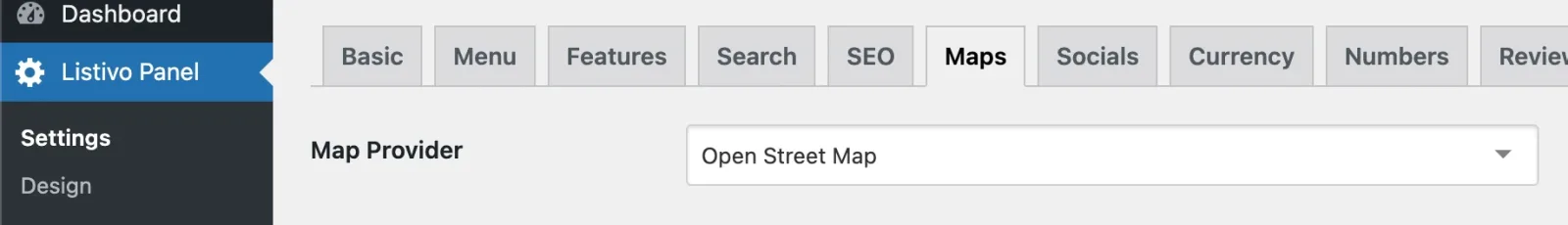 Listivo Panel settings with the Maps tab open among Basic, Menu, Features, Search, SEO, Socials and Currency, and Map Provider set to Open Street Map.